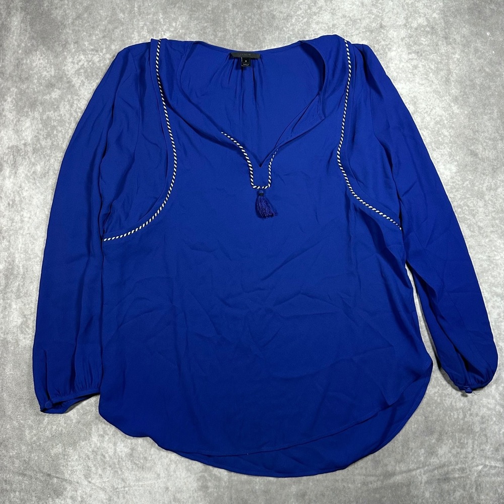 J Crew Cobalt Blue Braided Trim Tassel Tie V-Neck Blouse Top Womens Size 8 Boho